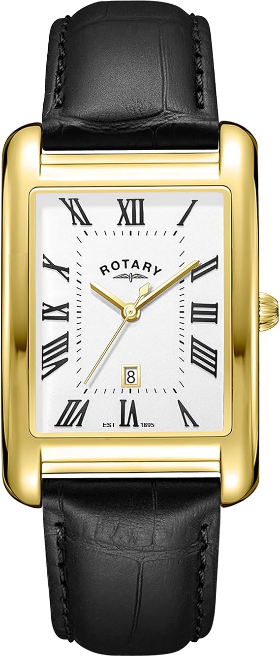 Rotary Men's Heritage Astoria Rectangular Gold Plated Stainless Steel Case Black Leather Strap Watch