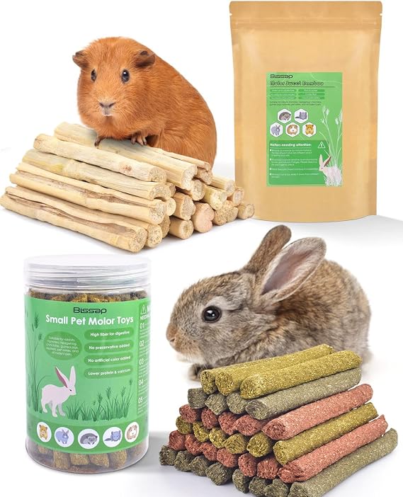 Bissap Rabbit Chew Sticks, Bunny Molar Mixed Timothy Hay Treats Bamboo Sticks for Small Animals Hamsters Chinchillas Guinea Pigs Squirrels Natural Teeth Grinding Chewing Toys