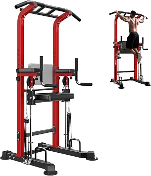 soges Power Tower Dip Station with Assisted Pad, Height Adjustable Pull Up Bar Station for Home Gym, Multi-Function Strength Training Full Body Workout Equipment, 330 Lbs, Red
