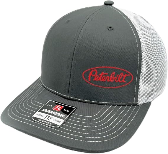 Peterbilt Richardson 112 Charcoal & White Embroidered Snapback Trucker Mesh Hat, 7-7 3/4, Black/White