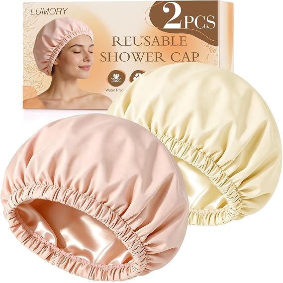 2P Satin Lined Shower Cap for Women,Large Waterproof Shower Bonnet