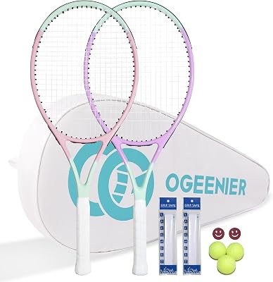 OGEENIER 27 Tennis Racket Set for Adults, Pre-Strung Tennis Racquets for Beginners, 2-Player Recreational Tennis Set with 3 Balls, 2 Vibration Dampers, 2 Grips, 1 Tennis Bag