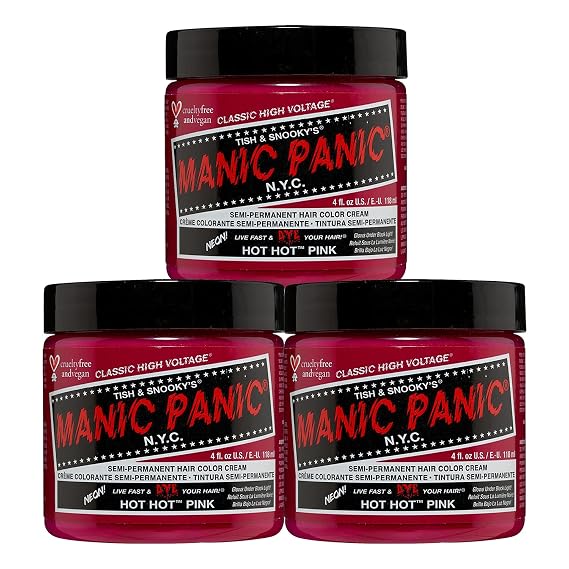 Manic Panic Semi Permanent Hot Hot Pink Hair Dye, 4 oz, 3 Pack | Electric Hot Pink, Vivid Magenta Undertones, Vegan, Ammonia-Free & Cruelty-Free, Lasts 4-6 Weeks, Developer-Free