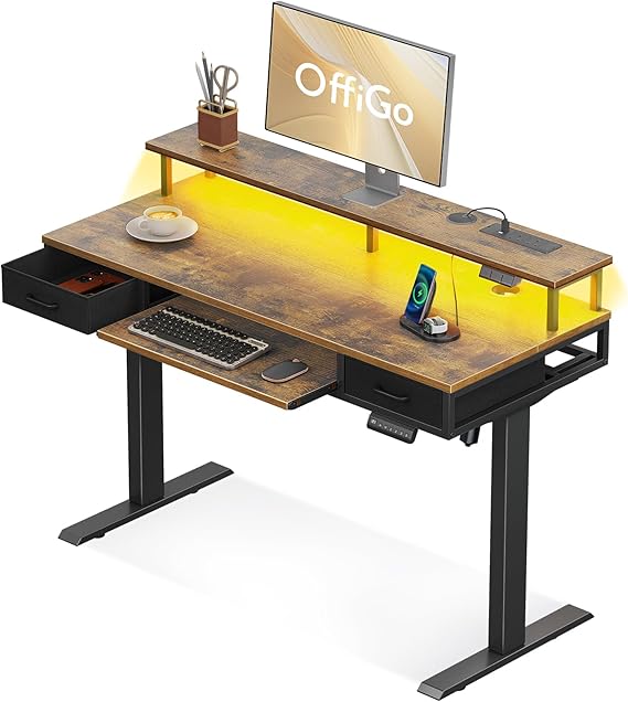 OffiGo Standing Desk with Keyboard Tray & Storage Drawers, 120cm | Height Adjustable Desk with Monitor Stand, LED Lights, Power Outlet and USB Ports for Home Office, Rustic Brown