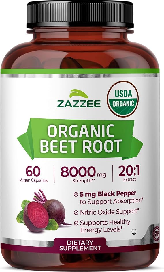 Zazzee USDA Organic Beet Root 20:1 Extract, 60 Quick Release Capsules | 2 Month Supply, Vegan, Nitric Oxide Support, Black Pepper Extract for Enhanced Absorption, Certified Kosher, Made in the USA