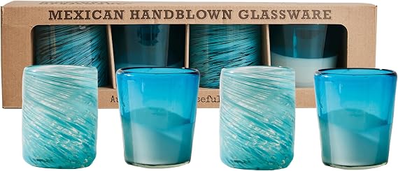 Verve CULTURE Hand Blown Drinking Glasses Set of 4 Aqua Water Glasses | Authentic Mexican Glassware | 13 oz Capacity