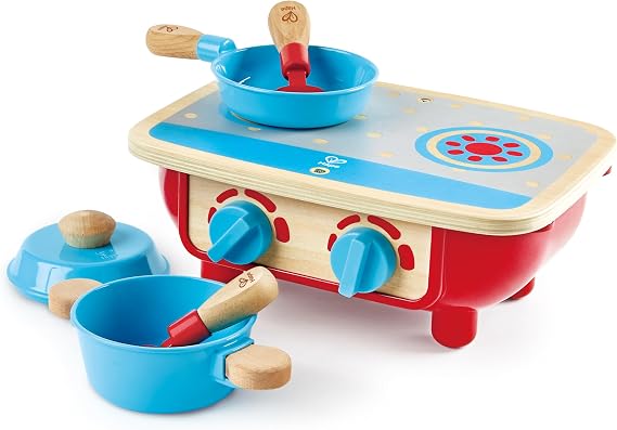 Hape Toddler Kitchen Set | Wooden 6 Piece Cooking Set, Pretend Kitchen Playset with Toy Stove, Frying Pan, Spoon, Spatula