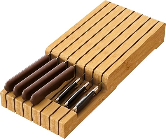Knife Holder, Knife Organizer Drawer Insert, In-Drawer Bamboo Wood knife block, Drawer Knife Storage Steak Knife Holder Without Knives, Holds up to 7 Knives