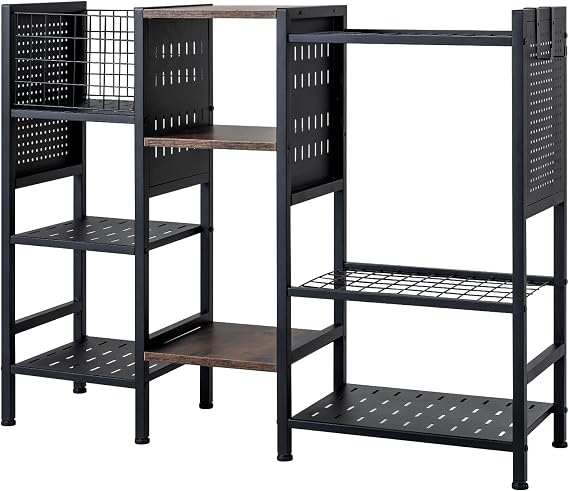 TANGZON Garden Tool Organizer, 3 Tier Tool Storage Rack with 66 Slots, 2 Side Pegboards, 2 Detachable Hooks, Wooden & Metal Shelves, Freestanding Metal Holder for Garage Shed Brooms