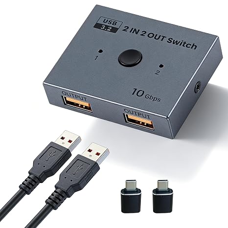 USB 3.2 Switch 2 in 2 Out, 10Gbps USB Switcher for 2 Computers, Printer Splitter USB Peripheral Selector for Keyboard Mouse Scanner, Plug & Play with 2 USB 3.2 Cables & Type-C OTG