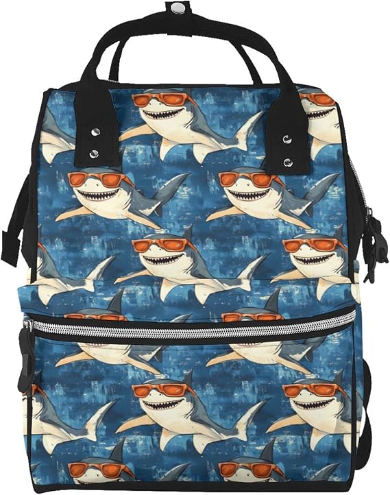 Cartoon Glasses Shark Print Diaper Bag Backpack, Toddler Baby Girl Boy Diaper Bag for Mom Dad, Mommy Bags Travel Baby Bags for Women Men