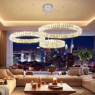 3 Ring Crystal Chandeliers Luxury Dimmable Crystal Ceiling Light Fixtures Staircase Entrance Large Chandelier D32D24D16