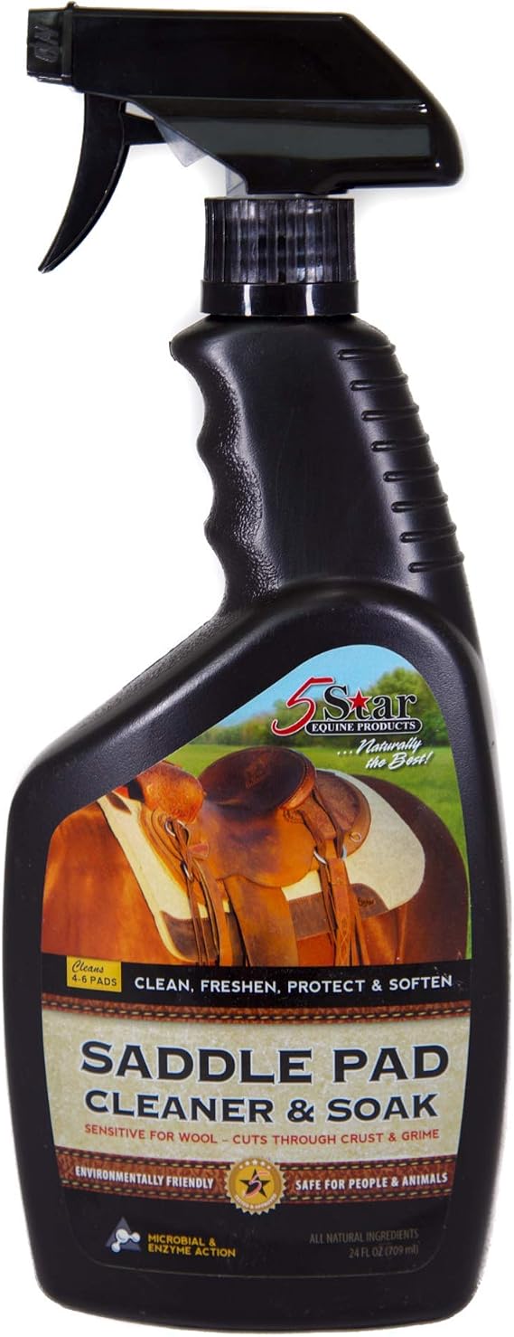 5 Star Equine Horse Saddle Pad Cleaner & Soak - Works on Horse Blankets, Wool and as a Leather Cleaner - Cleans, Freshens, Preserves & Softens 4-6 Equine Saddle Pads 24 oz. Spray Bottle