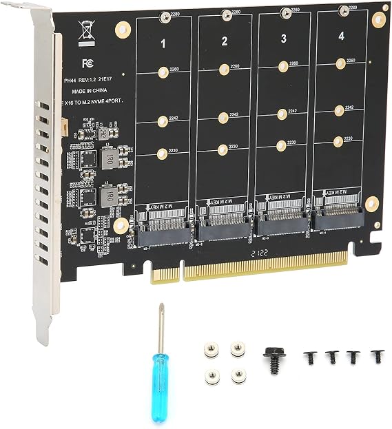 M.2 PCIE Adapter Card, 4 Port M.2 NVMe SSD to PCIE X16 M Key Hard Drive Converter Reader Expansion Card PC Internal Expansion Card Pcie Nvme Adapter (ph44)