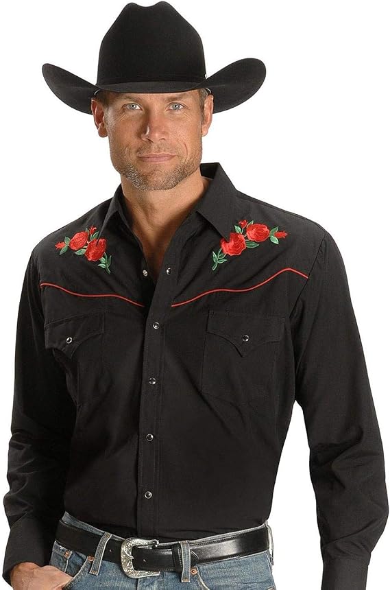 ELY Cattleman Mens Long Sleeve Western Shirt with Rose EmbroideryButton Down Shirt