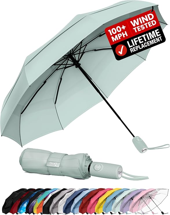 Windproof Travel Umbrella - Compact and Windproof up to 85MPH, Strongest Premium Automatic Folding Umbrella Ideal for Rain and Sun - Durable, Lightweight and Portable for Men and Women, Fits Backpacks