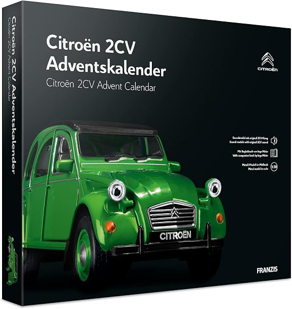 FRANZIS 55154 Citroen 2CV Advent Calendar Green Metal Model Kit in Scale 1:32 Includes Sound Module and 50 Page Accompaniment Book