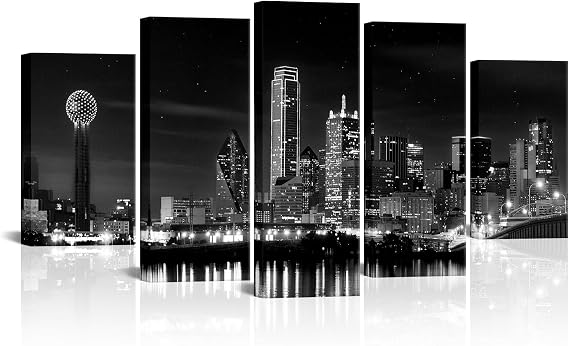 Biuteawal 5 Piece Texas Skyline Cityscape Wall Art Dallas City Canvas Poster Painting Print Black and White City Downtown Picture Home Office Bedroom Decoration Ready to Hang