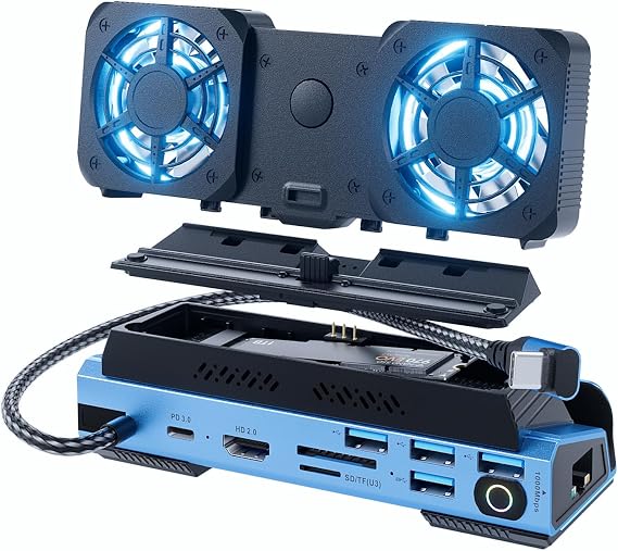 Detachable Dual Cooling Fan 16 in 1 Steam Deck Docking Station 4K@60Hz 4 USB Ports, 1000Mbps, SD/TF Slot, USB-C 100W PD, HDMI, M.2 NVMe Enclosure, 40Gbps Adapter, for Steam Deck, Rog Ally, Legion Go