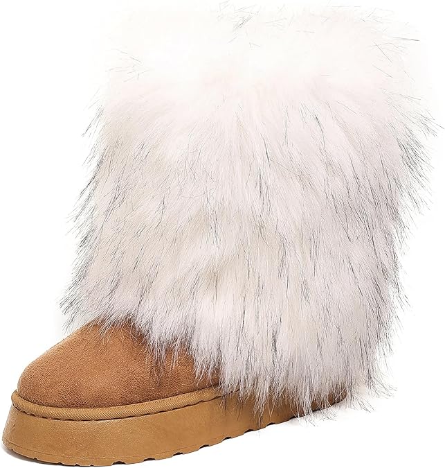 Women's Faux Fur Mid Calf Thick Bottom Boots Winter Warm Plush Snow Boots Comfortable Outdoor Flat Shoes