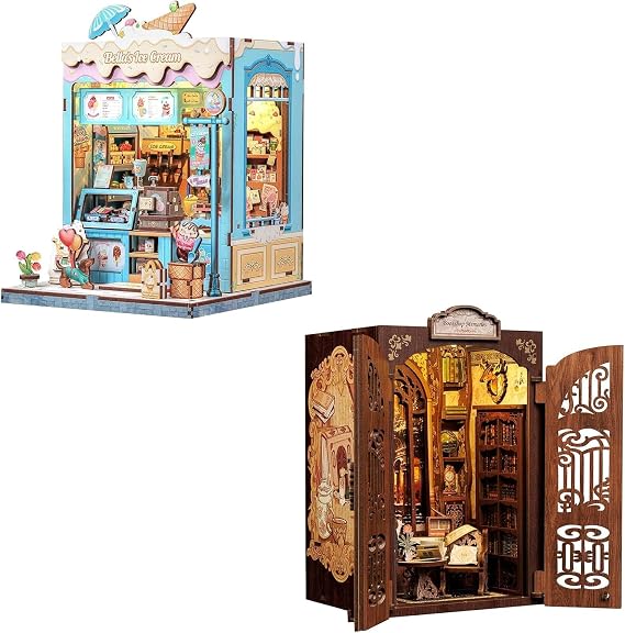 CUTEBEE Book Nook Kit, DIY Miniature House Kits for Adult and Teens, Dollhouse Mini Booknook House Bookshelf Decor, DIY Craft Gifts for Family and Friends(Bookshop Memories&Bella's Ice Cream)