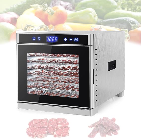 Food Dehydrator Machine 8 Trays with Touch Control and Built-in LED light, 700W Commercial Stainless Steel Food Dryer with 24-Hour Timer and 95-167F Temperature Control for Jerky, Veggies(Silv