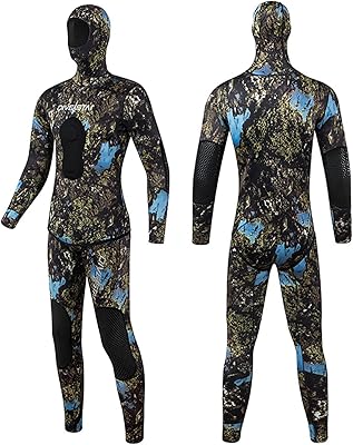 WYYHAA 7MM Neoprene Spearfishing Wetsuit with Hooded, 2 Pieces Camouflage Hunting Diving Suit Color Can Change with The Environment for Cool Water Freediving Snorkeling