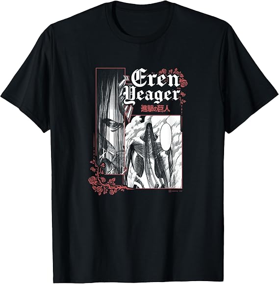 Attack on Titan Epic Titan Eren Yeager Manga Big Portrait T-Shirt, Men, Black, Large