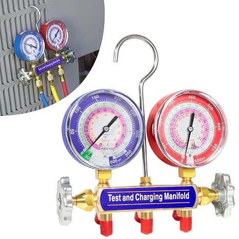 42001 Charging Manifold and Test, 2-Valve A/C Manifold Gauge, with 3-1/8 Large Gauges, fits R-22 R-404A R-410A Refrigerant, AC Manifold Gauges