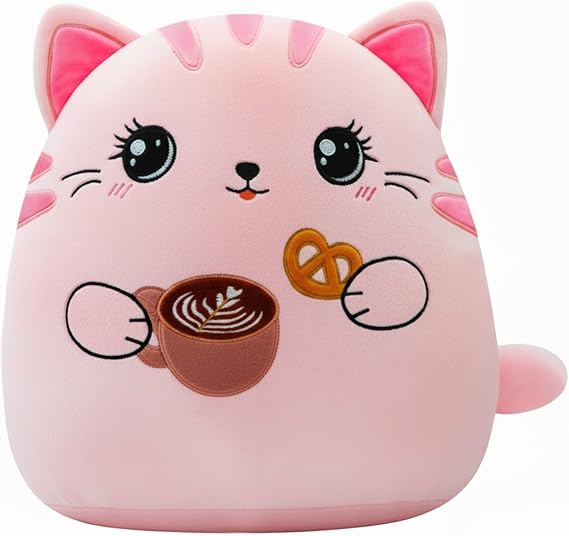 Cat Plush Cushion Body Pillow - 14 Inch Cute Cat Stuffed Animal Cuddle Throw Pillow with Coffee Cookie for Sofa Bed Giant Cat Animal Body Pillow for Adult Kids Animal Plush Cushion