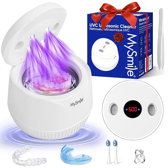 MySmile MS100 Ultrasonic Retainer Cleaner with UV Light & Digital Timer | 45 kHz, 4 UV, 2 Mode, 200ML Capacity, Portable Size, Low Noise, for Dentures, Mouth Guard, Night Guard, Aligner, Brace, White