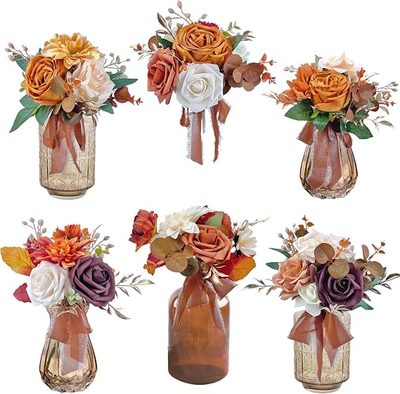 CherishedMoments 6Pcs Fall Flower Centerpieces for Wedding, Wedding Tables | Burnt Orange,Pre-made Artificial Flower,Table Flowers,Bridesmaid Bouquets,Centerpieces Mini Flora Wedding,Home Decor