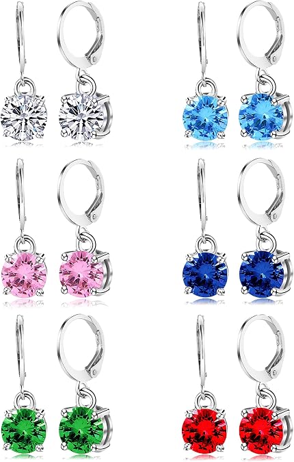 Tornito 6 Pairs Leverback Drop Dangle Earrings Set Multicolor Round Teardrop CZ Hoop Earrings 8MM for Women