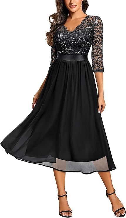 Miusol Women's V-Neck Sequin Lace 3/4 Sleeve Bridesmaid Party A-line Dress | Scalloped V Neck, lace contrast chiffon midi dress for wedding guest, prom and cocktail