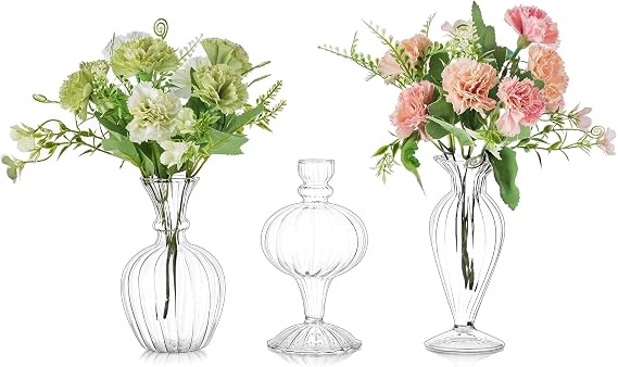 Glasseam Glass Small Bud Vases: 3 Pcs Ribbed Clear Vase for Single Flowers