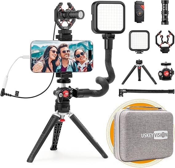 USKEYVISION Smartphone Vlogging Kit with Metal Microphone & Light(V-Master) | For iPhone & Android,w/ Metal Cardioid Microphone,Flexible Grip Arm,Automatic Switch Phone Clamp,Podcast & Streaming Setup