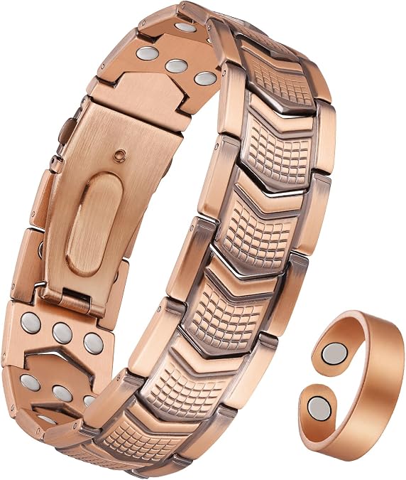 Jeracol 3X Strength Magnetic Copper Bracelet for Men - 99.9% Pure Copper Bracelet & Ring Set - Premium Fold-Over Clasp and Adjustable Length Sizing Tool & Jewelry Box