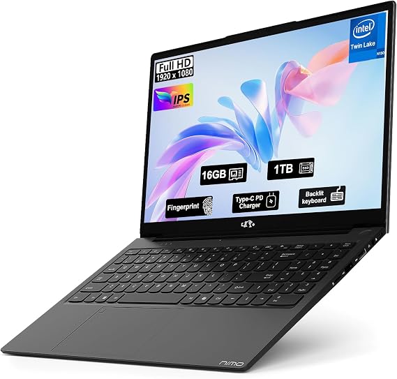 NIMO 15.6" FHD IPS Student-Laptop-Computer - 16GB RAM 1TB SSD, Intel N150(Beat to i3-1115G4, 4 Cores Up to 3.6GHz), 65W Type-C, Fingerprint, Backlit Keyboard, Wi-Fi 6, BT5.2