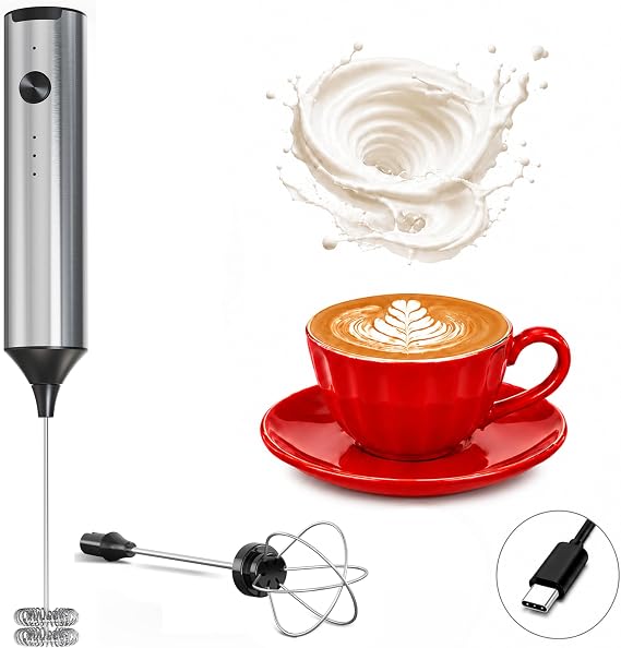 Handheld Milk Frother Wand Rechargeable - Stainless Steel Double Whisk Milk Frother Handheld -Coffee Stirrers Electric Drink Mixer - Coffee Frother (Gray)
