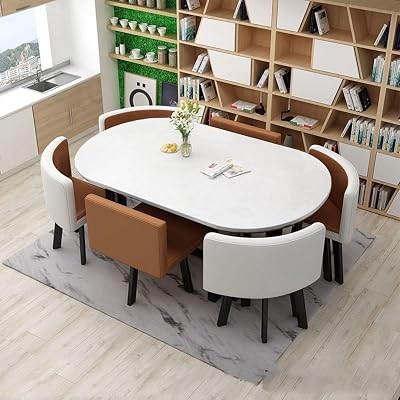 Oval Dining Table Set for 6, Wooden Kitchen Conference Table with 6 PU Leather Chairs, Metal LegsBrown