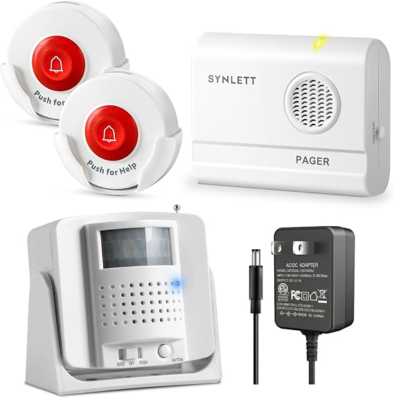 Caregiver Pager 2 Call Buttons, 1 Motion Sensor for Elderly Monitoring Fall Prevention, with an AC Adapter for the Motion Sensor