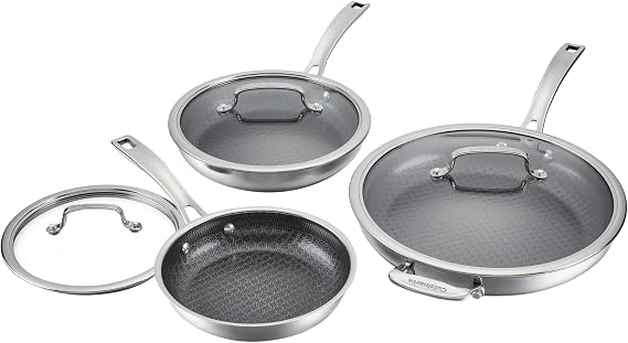 Cuisinart Hybrid Nonstick Frying Pans, Stainless Steel Scratch Proof, 3-Pc | Stainless steel and ceramic frying pan set for searing/browning, induction pan with lid, oven safe 500F, 3 sizes, FPS-6SSCR