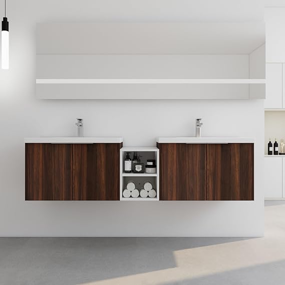 72-Inch Floating Bathroom Vanity with Double Sink Modern Wall Mount Bathroom Vanity Sink Cabinet 72" Large Bathroom Vanities Set with White Open Storage Shelf,Dark Walnut
