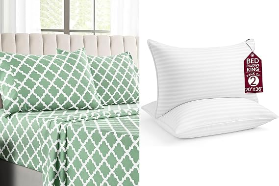 LUX Decor 4 Pcs Cal King Quatrefoil Sheet Set + 2 King Stripe Pillows Ultra-Soft Microfiber Bed Sheets with Flat Sheet, 16 Inch Deep Pocket Fitted Sheet & Pillowcases, Oeko-TEX Sage/White