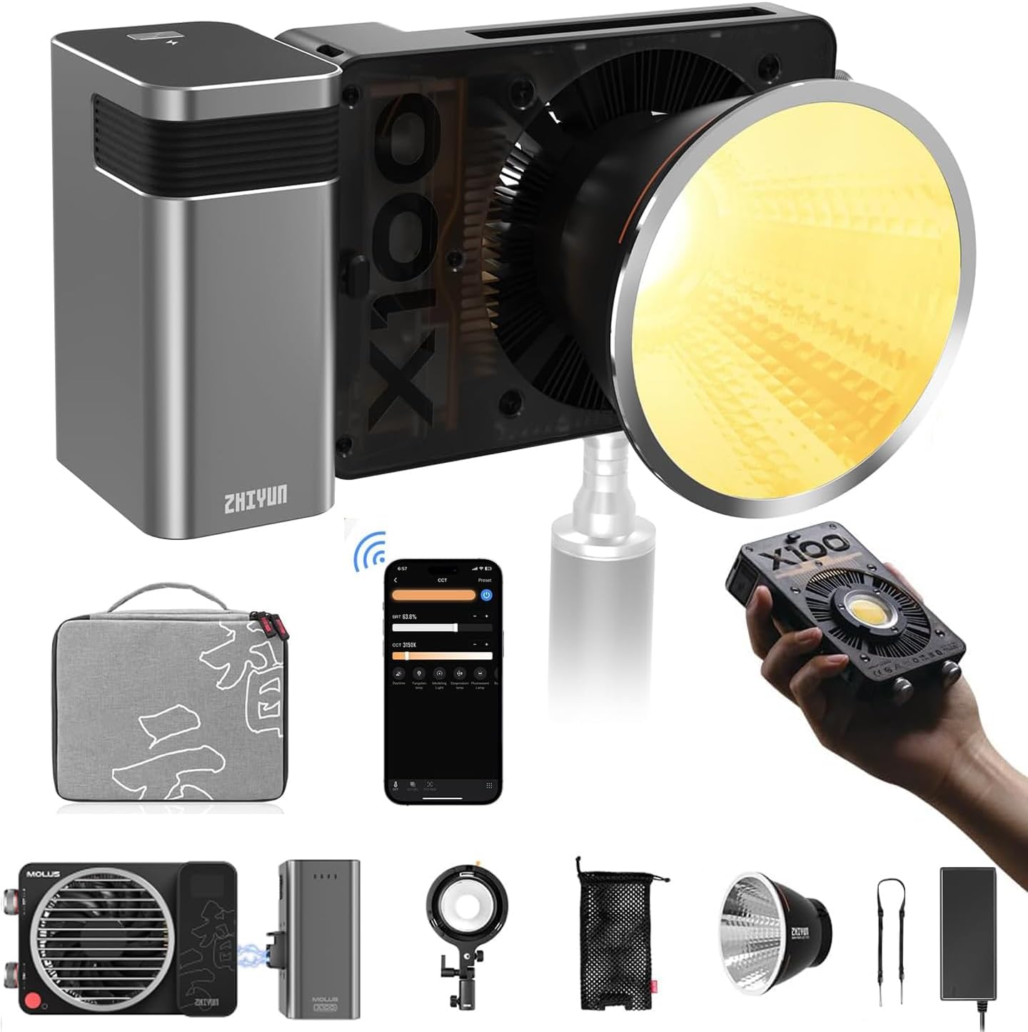 Zhiyun Molus X100 COMBO 100w LED Video Light 2700K~6500K Studio Light with Bluetooth Mesh App Control Portable Pocket Light TLCI 97WBowens Mount Adapter Ring,Detachable Grip Battery,Studio Spotlight