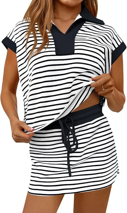 Fisoew Womens Striped 2 Piece Outfits Casual Sweatshirt Skirt Set Short Sleeve Skort Workout Set Matching Lounge Sets