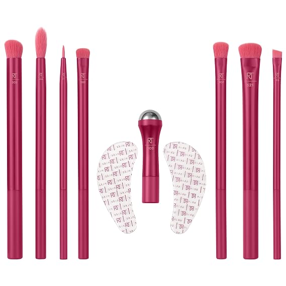 Real Techniques Limited Edition Eye Sparkle Makeup Brush & Skincare Kit, Eye Makeup Brushes, Under Eye Reviver To Reduce Puffiness and Dark Circles, 9 Piece Valentines Day Gift Set