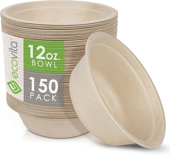 Ecovita 100% Compostable Paper Bowls [12 oz.] 150 Disposable Bowls Eco Friendly Sturdy Tree Free Liquid and Heat Resistant Alternative to Plastic or Paper Bowls