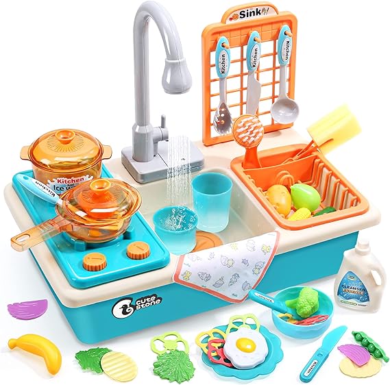 CUTE STONE Play Kitchen Sink Toys with Upgraded Real Faucet