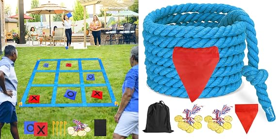 CWLAKON Outdoor Giant Tic Tac Toe Bean Bag Toss Tug of War Rope Games for Kids Adults Family, Field Day Family Reunion Birthday Party Games, Outdoor Camping Picnic Games, Backyard Carnival Games